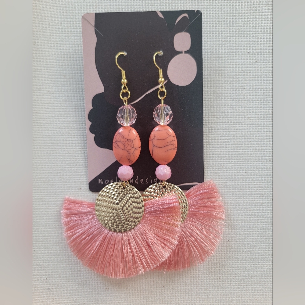 Pink Fan Tassel Drop Earrings with Gold Medallions